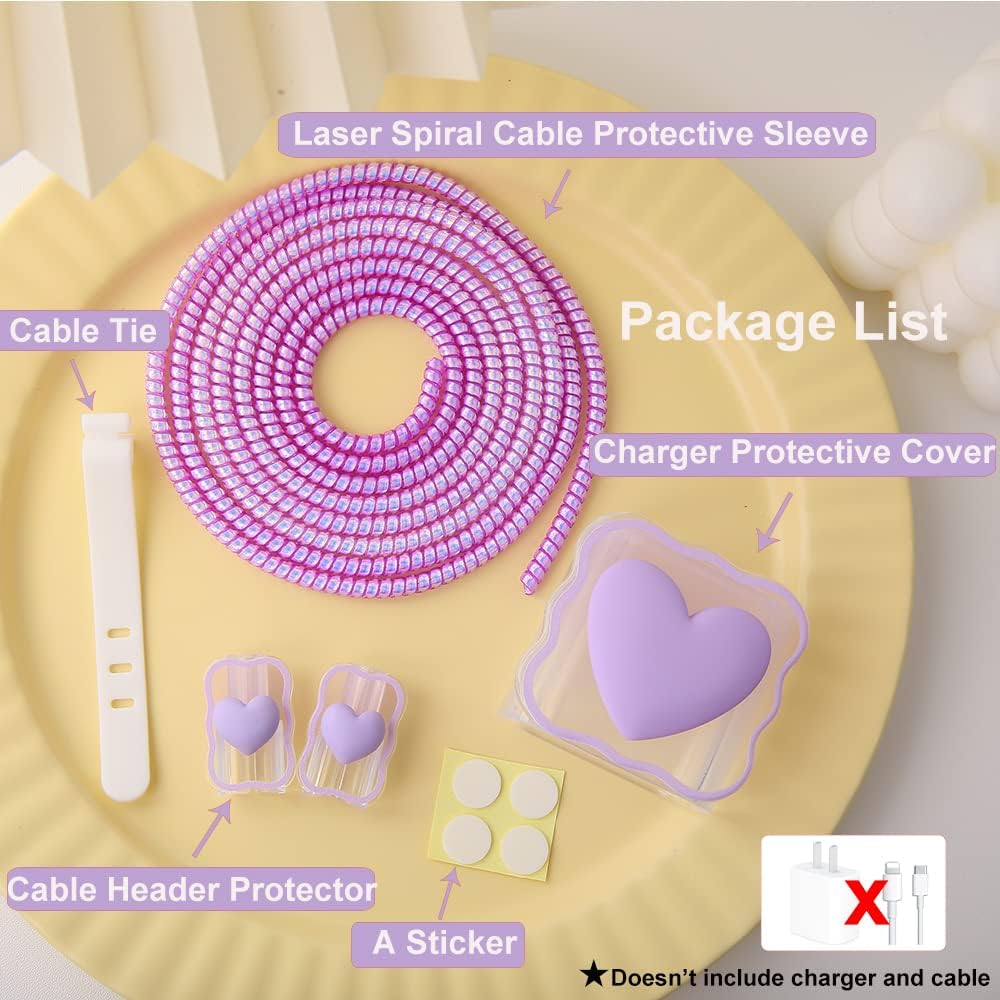 Compatible with iPhone 18W/20W USB-C Charger Cover Lovely 3D Love Heart Waves Clear Soft Charger Protector Cute Cable Saver for iPhone 11 12 13 14 Pro Max Fast Power Adapter, Purple 1 (5in1)