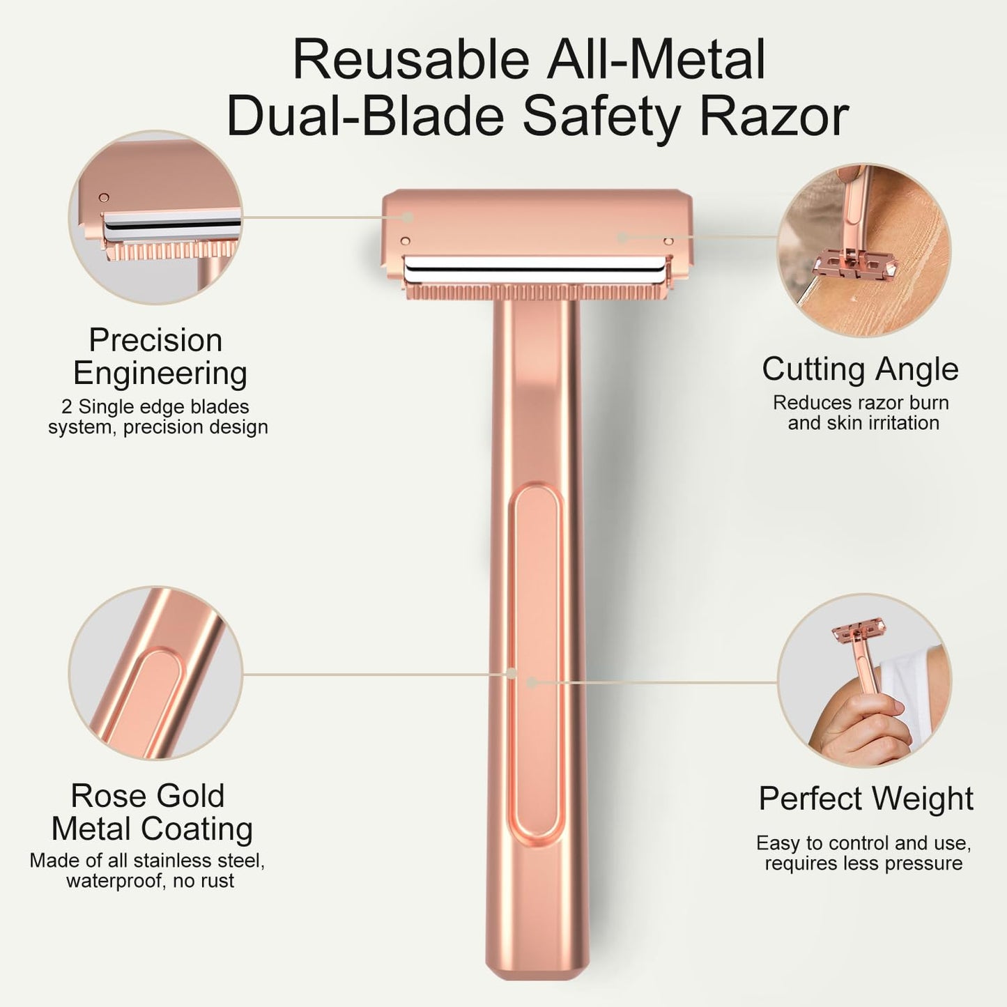 Razors for Women, Dual-Blade Safety Razor with Pivoting Head, Reusable Metal Shaving Razor, with 10 Double Edge Blades, Smooth Close Shave, Rose Glod