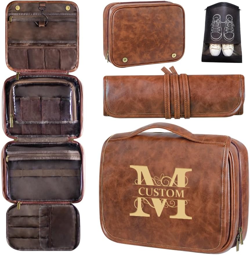 HDSD Custom 3-in-1 PU Leather Toiletry Bag For Men Personalized Hanging Travel Organizer Bag for