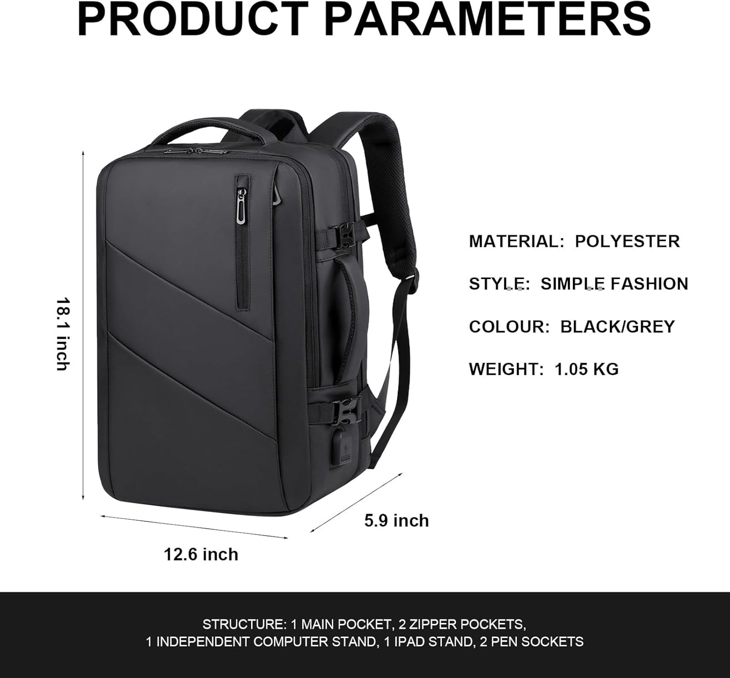 Travel Laptop Backpack 36-55L Expandable 15.6inch Laptop Backpack Usb Charging Port Lightweight (Black)
