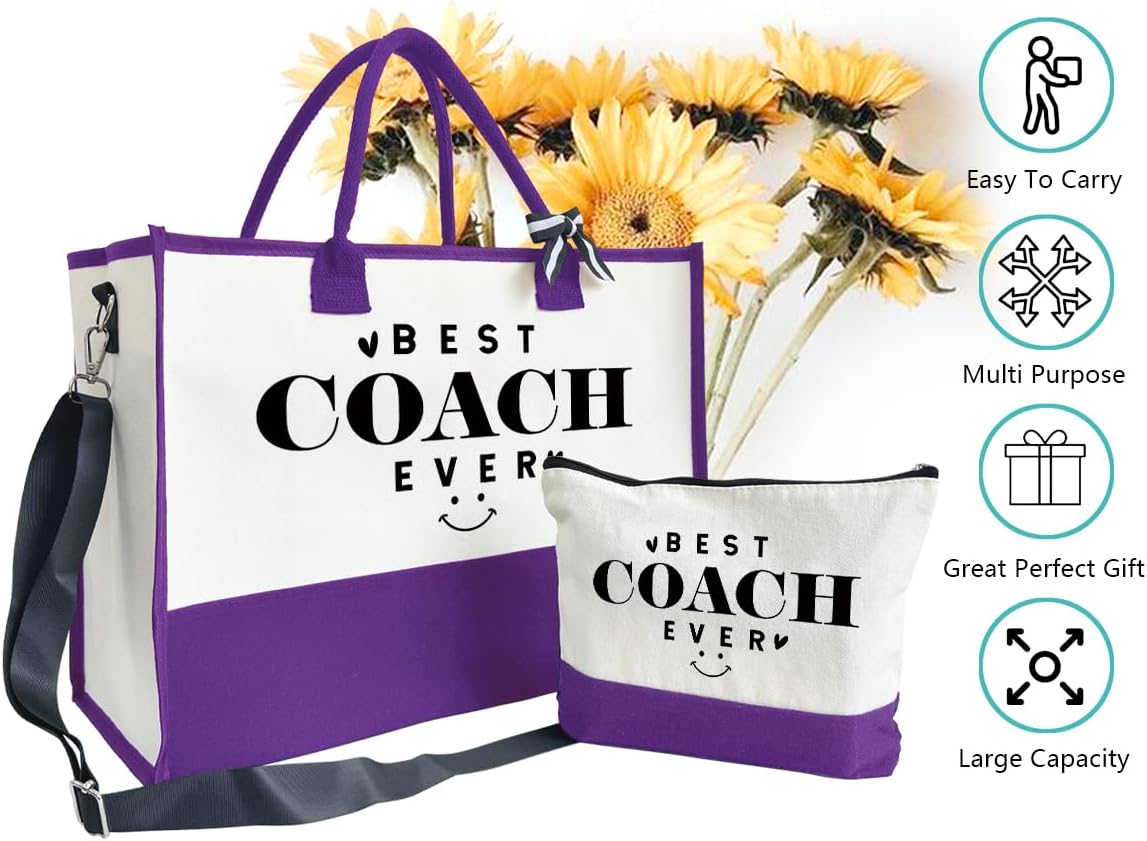 SUSZDOU Gifts for Best Coach Ever - Canvas Beach Tote Bag with Matching Makeup Pouch, Durable Travel Gym Camping Bag, Thank You Gift for Sports Coach, Female Trainers Gifts for Women I1