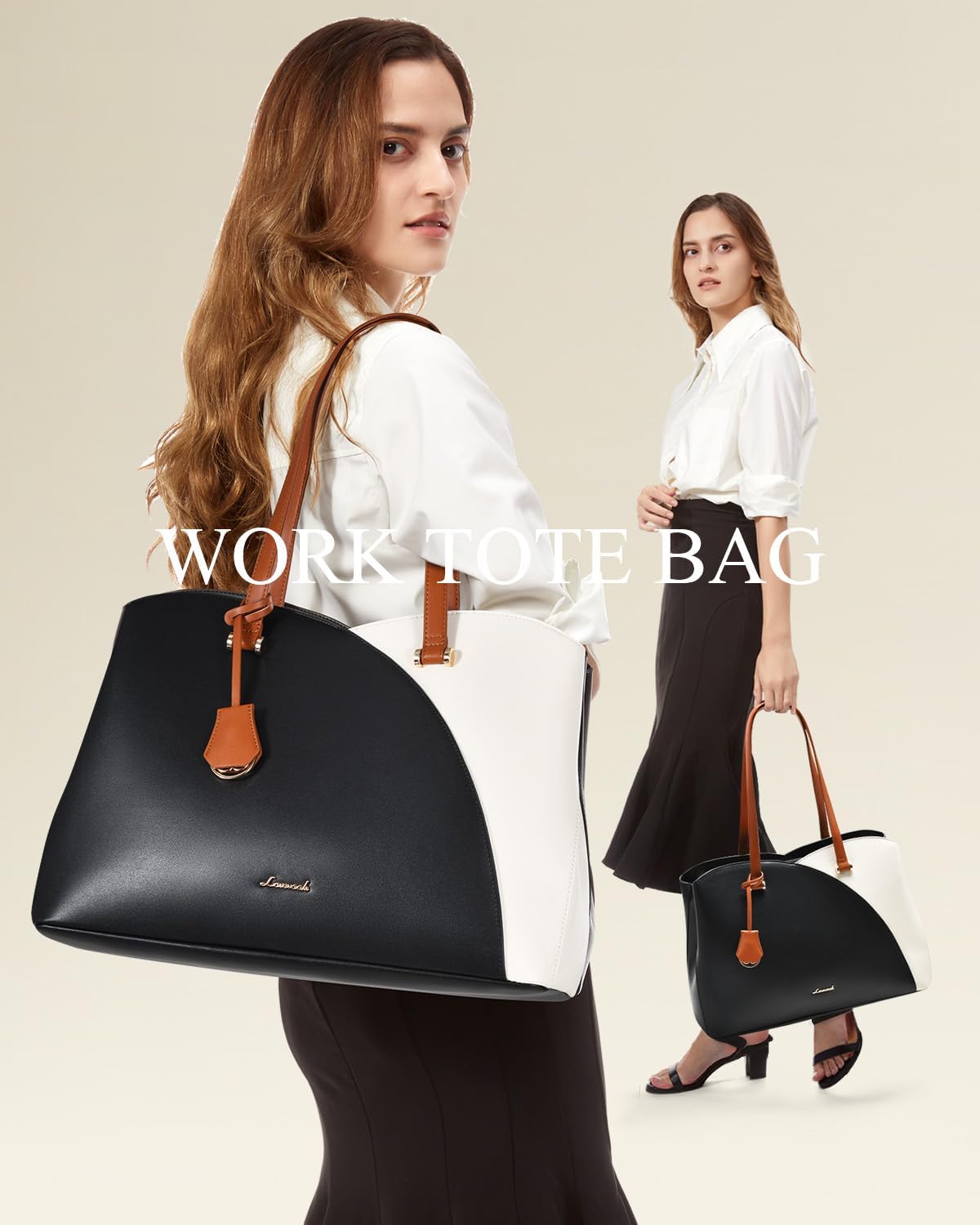 LOVEVOOK Laptop Tote Bag for Women, Work Bags Laptop Bag Teacher Tote Bag, Leather Computer Bag Large Purses Handbag Professional Briefcase, Black-Beige-Brown, 15.6 Inch