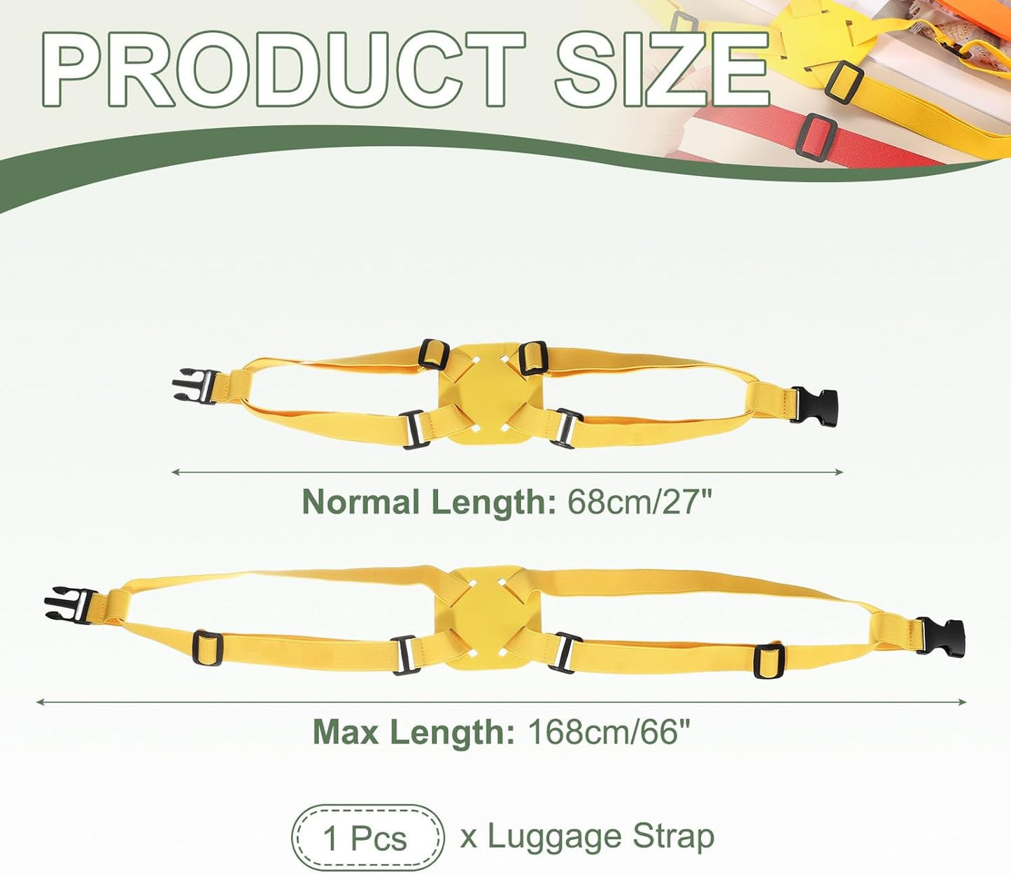 Adjustable Luggage Straps, Suitcase Elastic Strap Bag Bungee with Buckles Travel Accessories - Fitting for(Travel/Add A Bag/Securing Luggage), 27-66 Inch & Yellow