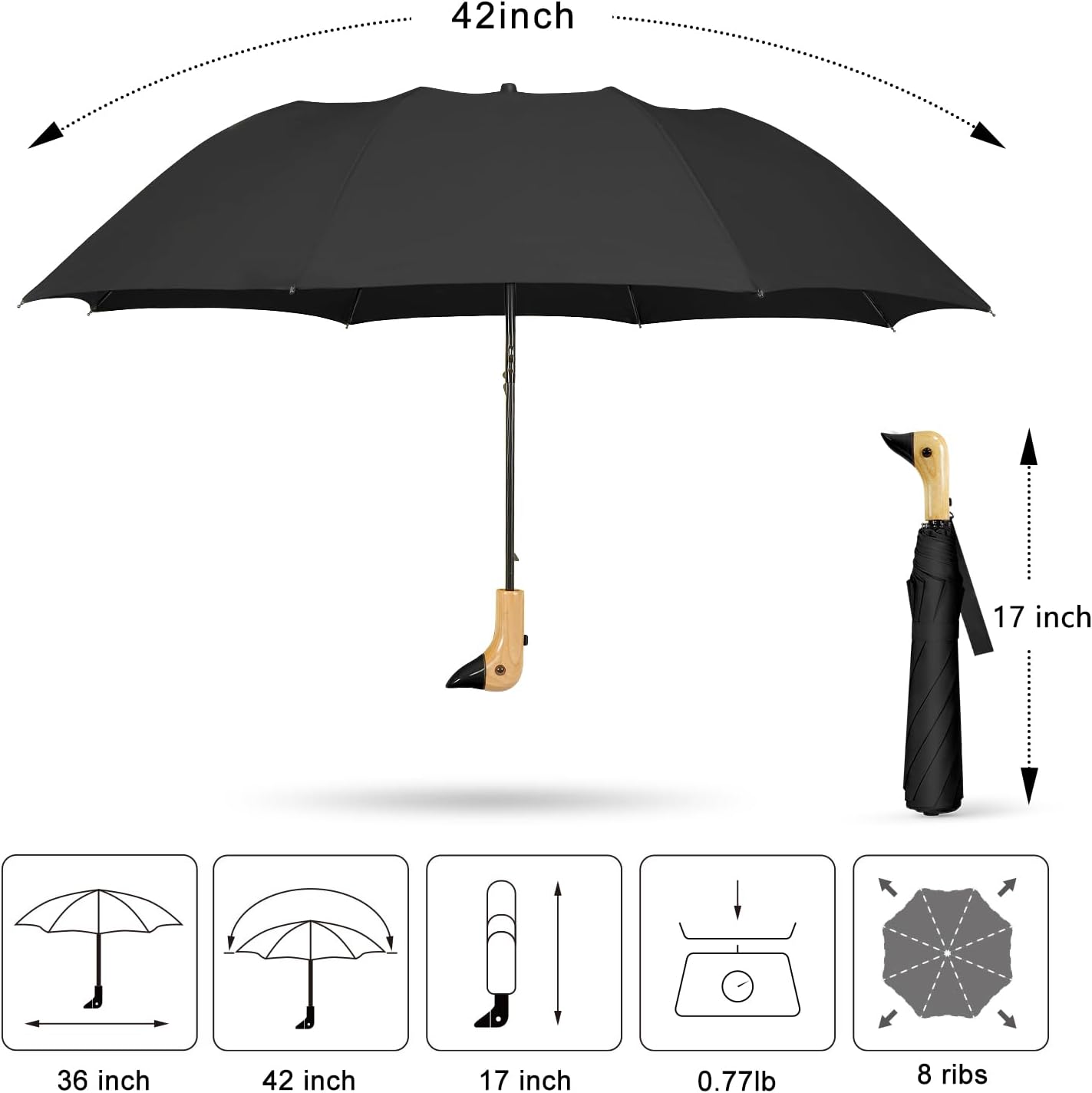 Duck Handle Umbrella Kids - Compact Portable Folding Lightweight Small Strong Wooden Duck Windproof Travel Umbrella for Kids Gifts