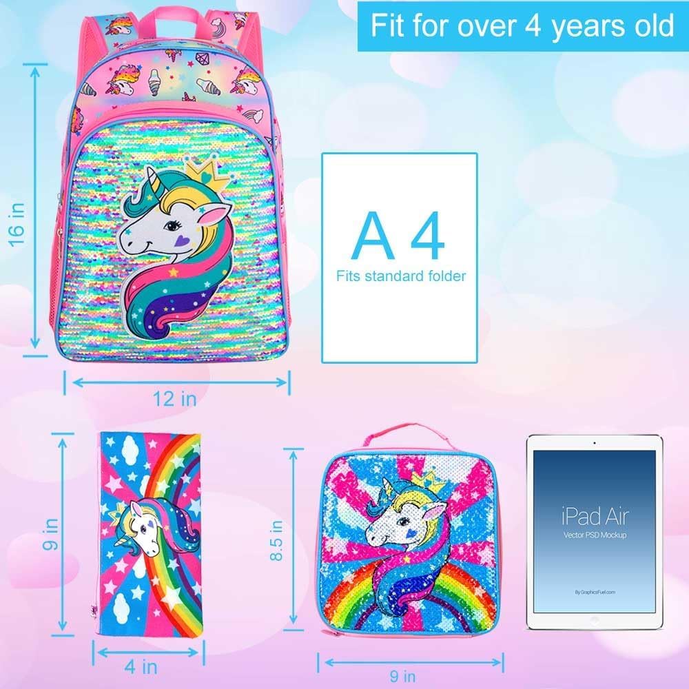 3PCS Girls Backpack, 16" Sequin Prechool Elementary Bookbag and Lunch Box