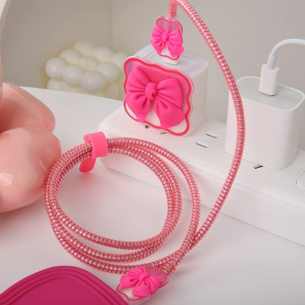 Compatible with iPhone 18W/20W USB-C Charger Cover Cute 3D Bow Tie Design Clear Soft Charger Protector Kawaii Cable Saver for iPhone 11 12 13 14 Pro Max Fast Power Adapter, Rose 2 (5in1)