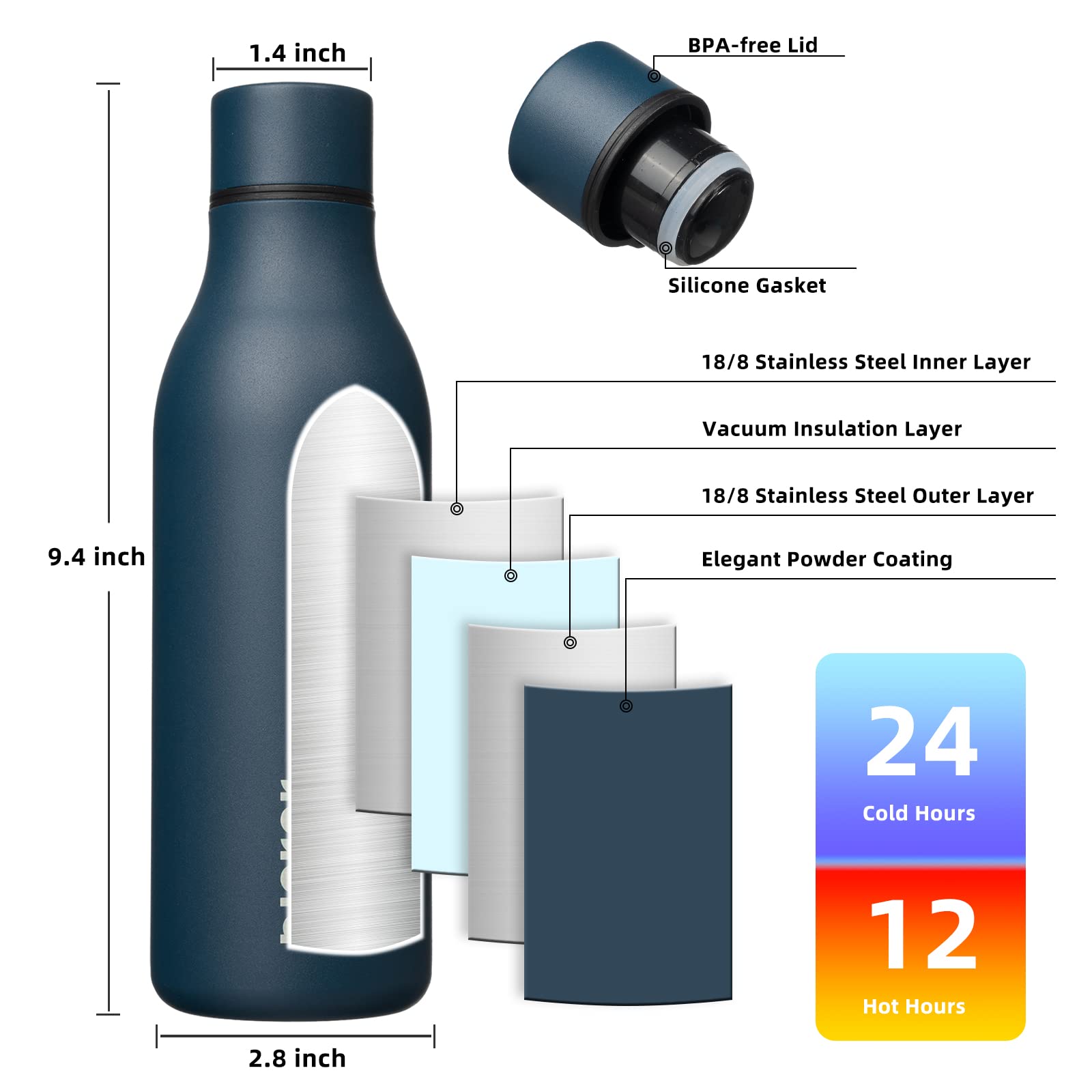 BJPKPK 18oz Insulated Water Bottle, Stainless Steel Bottle with Carry Strap