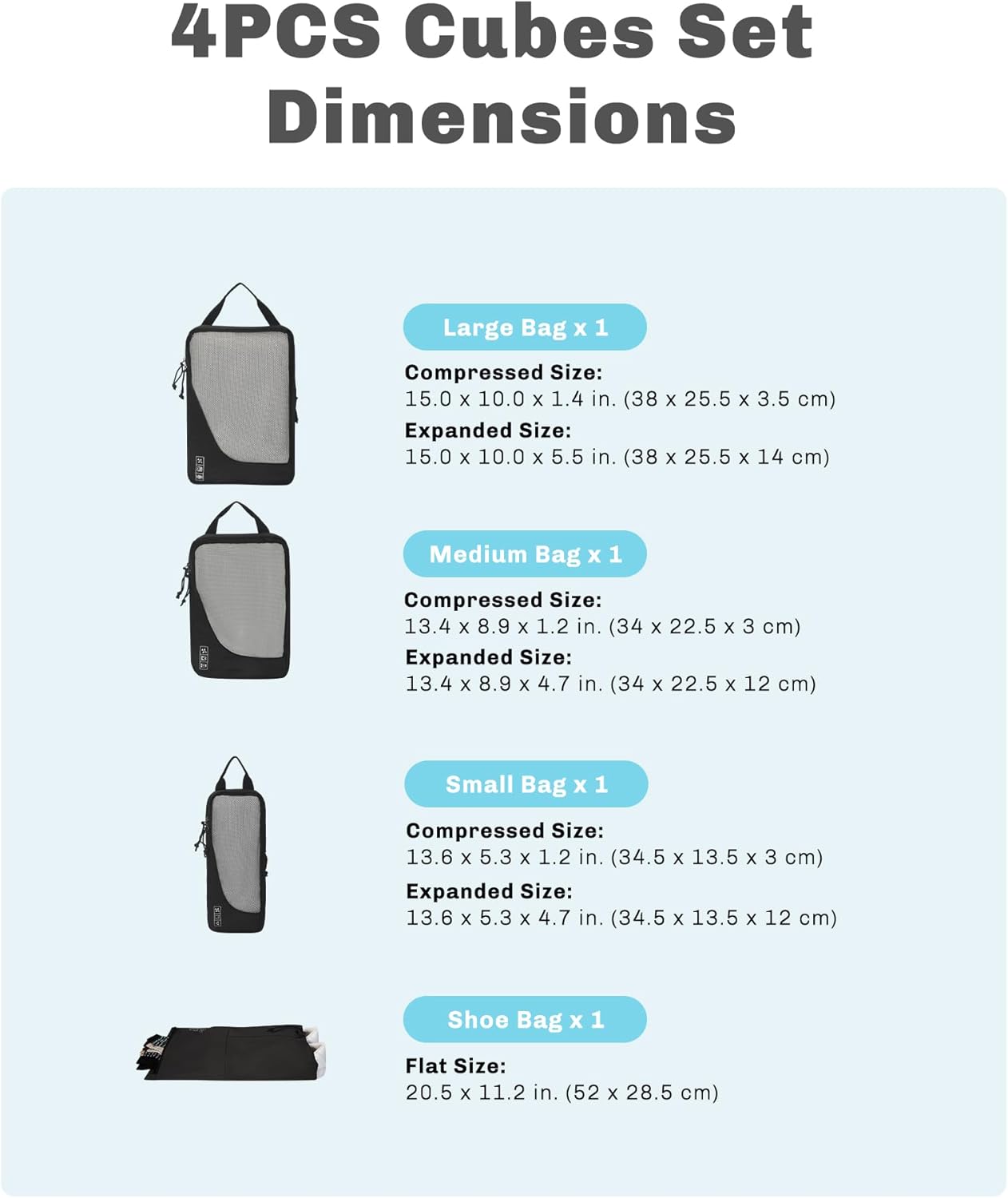 Hynes Eagle 6 Set/ 4 Set/ 2 Set Compression Packing Cubes Travel Essentials Lightweight Nylon Luggage Suitcase Organizer Bag Black 4PCS