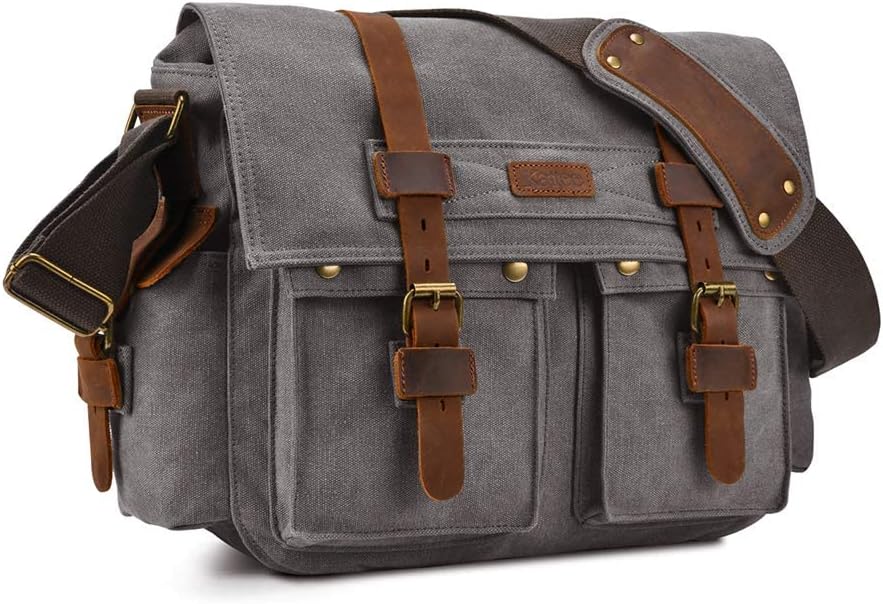 Kattee Military Messenger Bag Canvas Leather Shoulder Bag