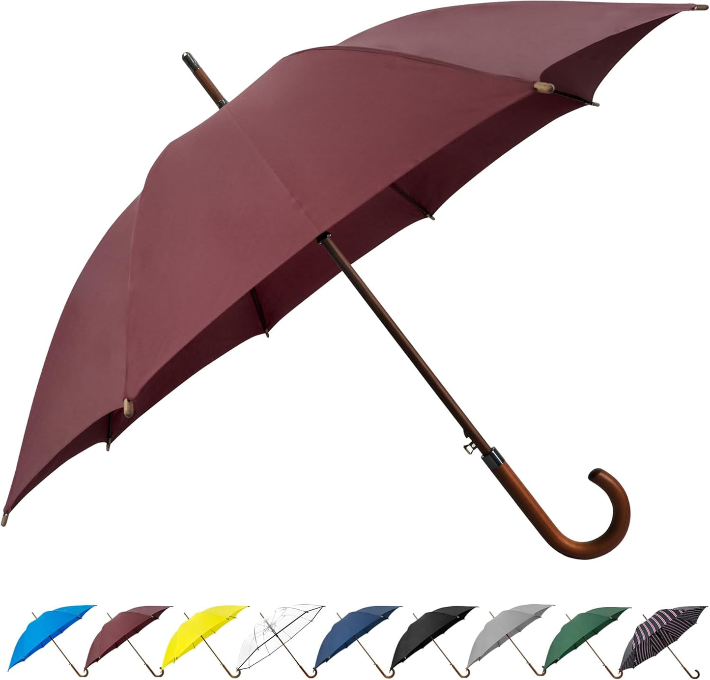 SoulRain 48" Large Umbrella – Windproof Stick Umbrella for Rain, Automatic Open for 2 Persons, Classic Wooden Handle, Durable Travel & Red Umbrella for Men & Women (Wine)