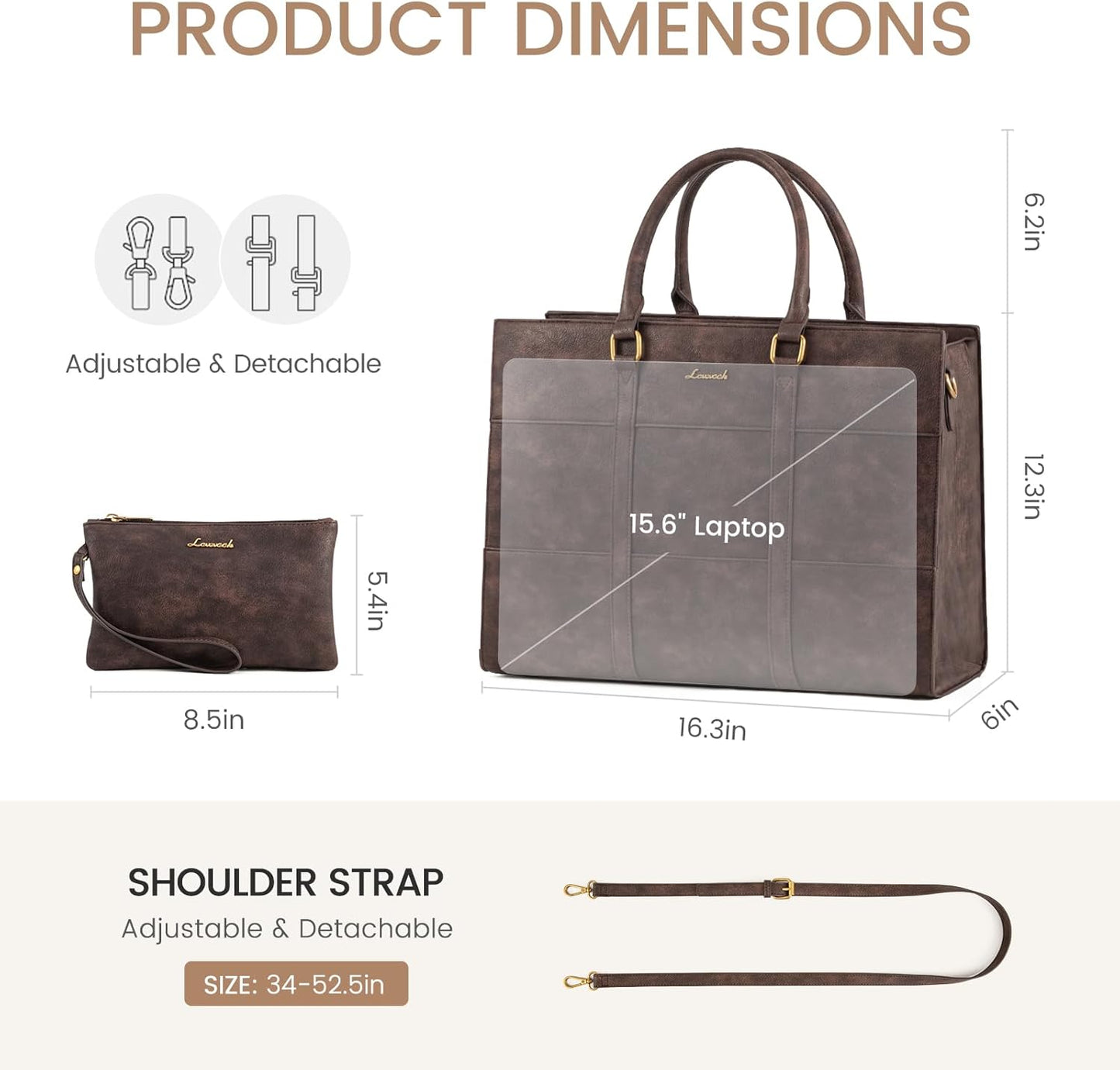 LOVEVOOK Laptop Bag for Women, 15.6 Inch Laptop Tote Bag, Vintage Leather Work Bags for Women, Waterproof Computer bag with Clutch Purse, Large Capacity Briefcase, Business Office Bag