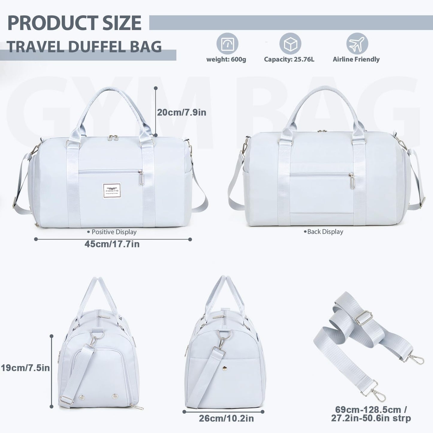 FIORETTO Womens Gym Tote Duffle Bag with Wet Pocket & Shoe Compartment, Sports Duffel Overnight