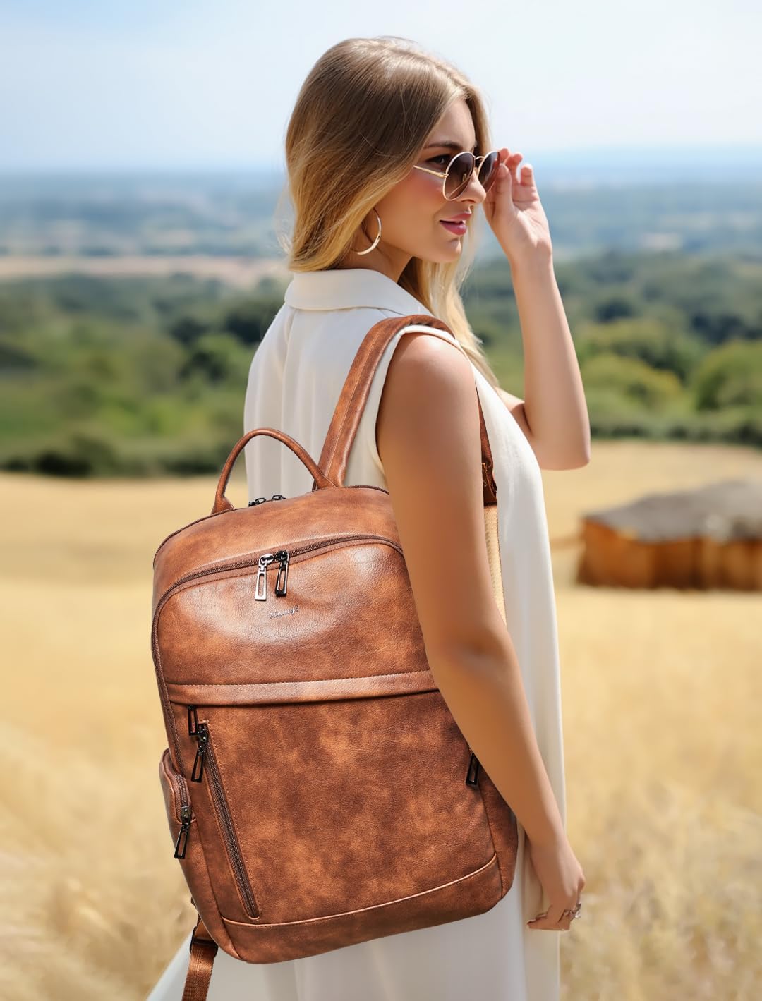 Computer Backpack for Women Soft Leather Back pack with 15.6 inch Laptop Compartment, Fashion Ladies Travel Backpack, Brown