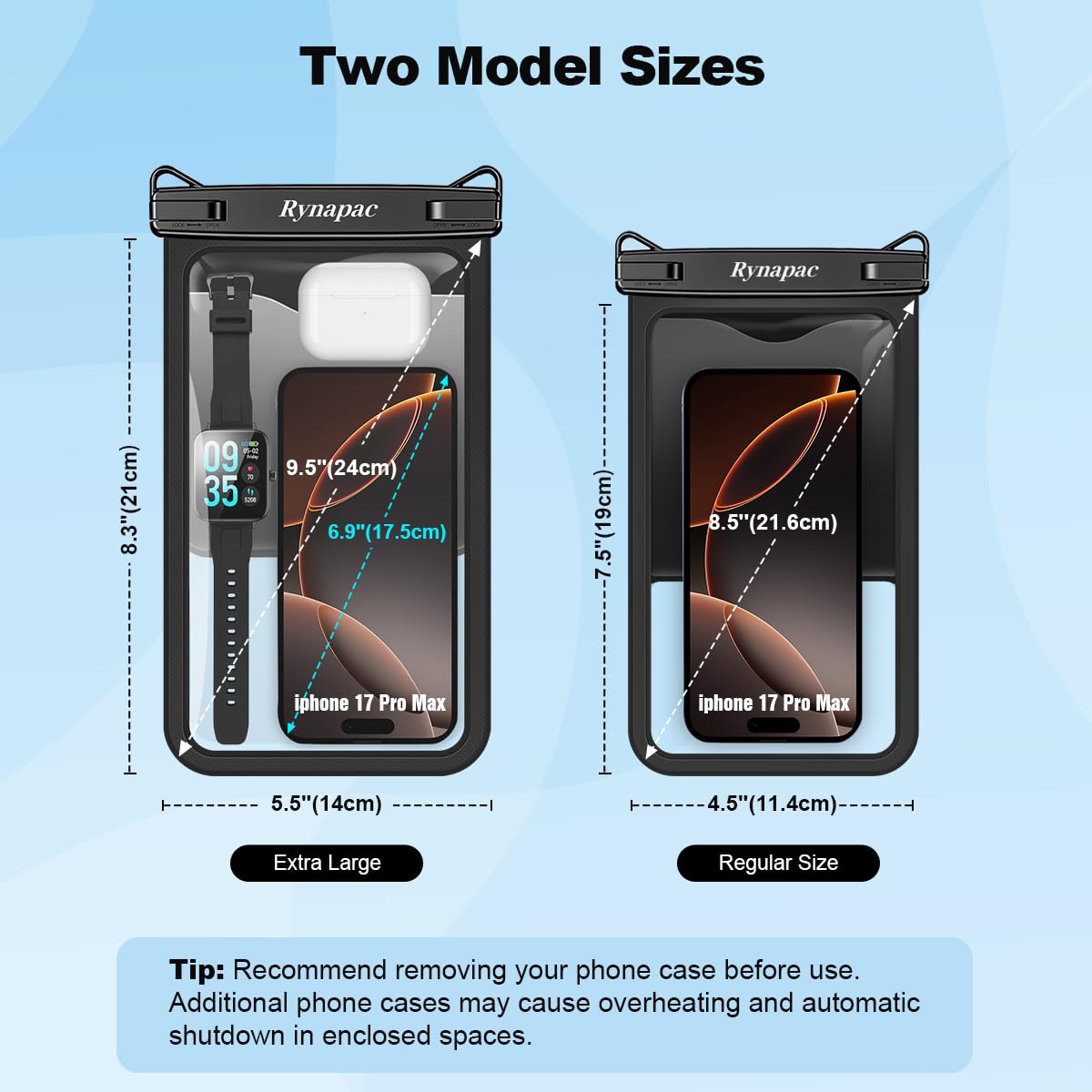 Rynapac Large Waterproof Phone Pouch [Up to 10"] - 2 Pack IPX8 Waterproof Phone Case for iPhone 17
