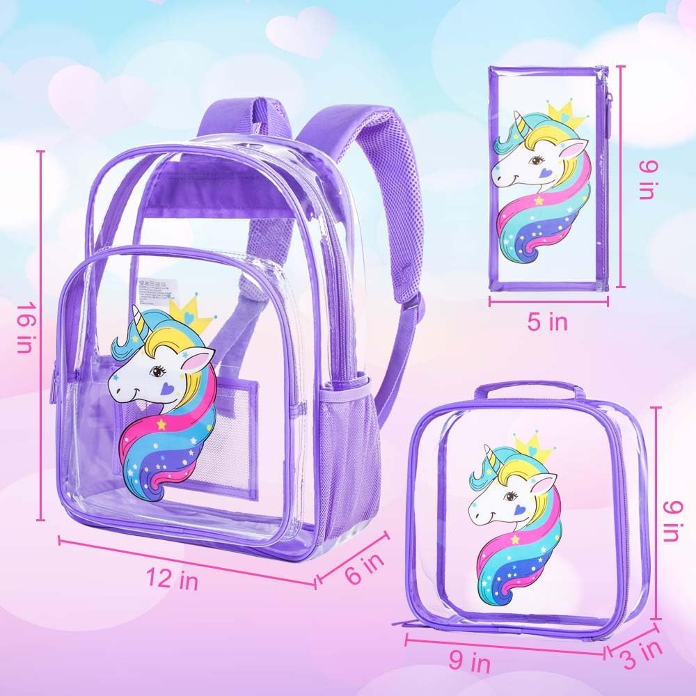 Clear Backpack for Girls and Boys, Kids Transparent Bookbag, 3PCS Cute See Through School Bag for Elementary Prechool