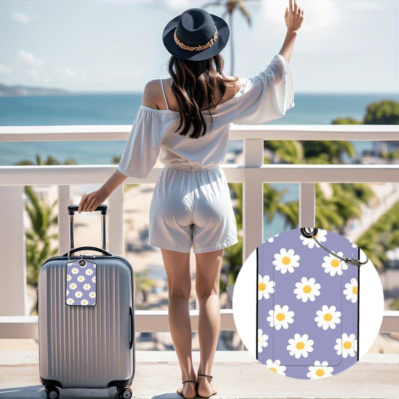2 Pack Daisy Leather Luggage Tags for Suitcases, Travel Bag Tags with Privacy Cover ID Label with Stainless Steel Loop for Women Men Girls Backpack Gift (Cream Purple)