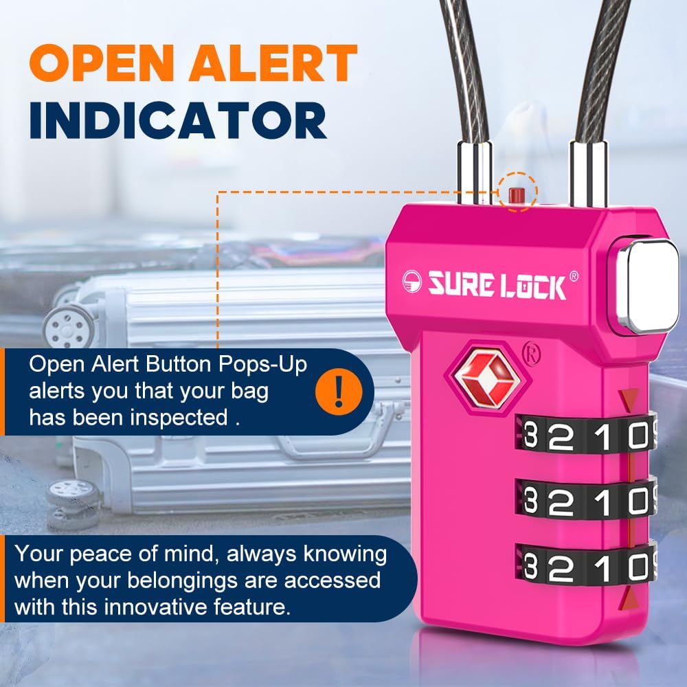 SURE LOCK TSA Approved 3-Digit Combination Luggage Locks – Open Alert Indicator, Re-settable Code with Zinc Alloy Body, Easy-Read Dials for Suitcase, Backpack, Gym Locker & Toolbox (Multiple Colors)