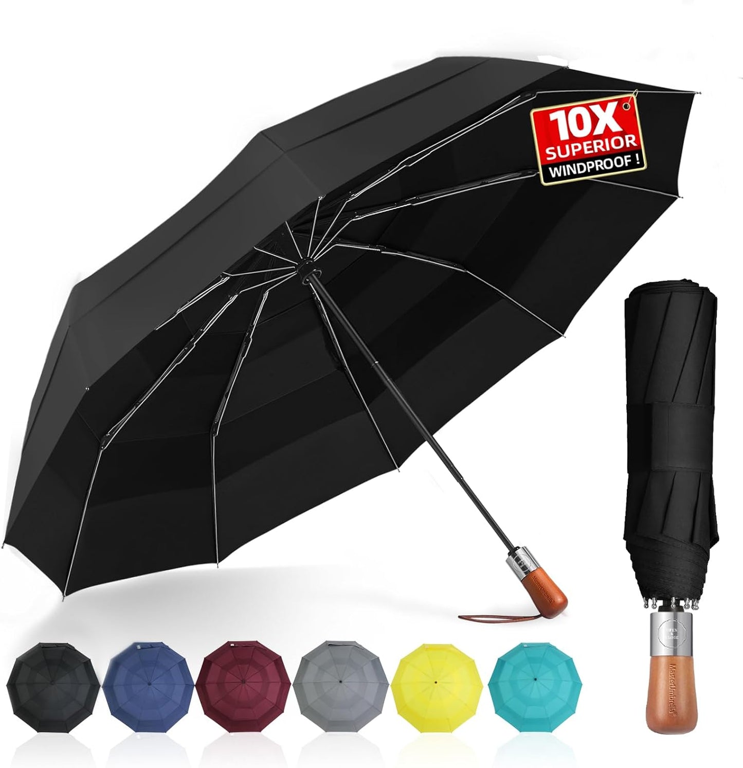 Umbrellas for Rain, Heavy-Duty Windproof Travel Umbrella — Auto Open/Close, Vented Triple-Layer Canopy, 10 Fiberglass Ribs, Folding Design, Large Coverage, Wooden Handle