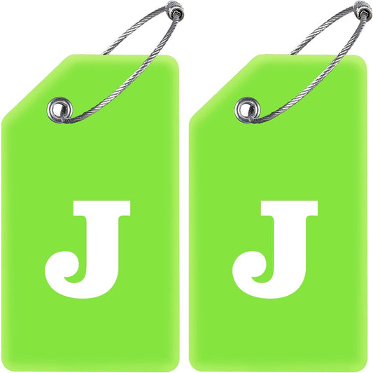 Gostwo 2 Pack Silicone Luggage Tags for Suitcases, 26 Initial Letter Baggage Labels Handbag School Bag Suitcase Instrument Tag with Stainless Steel Loop(Green)(Letter J)