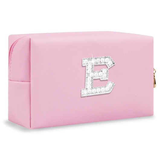 ChaoGreat Bride Gifts – Personalized Initial Makeup Bag with Pearl Rhinestone Patch, Preppy Pink Monogram Cosmetic/Toiletry Pouch, bridesmaid Gifts, Bridal Shower Gifts, Wedding Gifts, Bridal Gifts,E