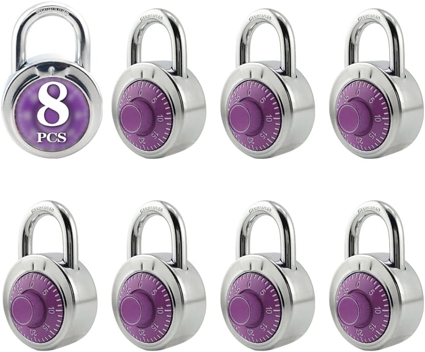 ZonRo Locks Combination Padlock, Fixed Dial Combination Padlock 8 Pack,3 Digit Code Standard Dial Combination, 2 in Wide. 3 in Height,Purple Turntable, Lock for Gym & Locker, School, Toolbox