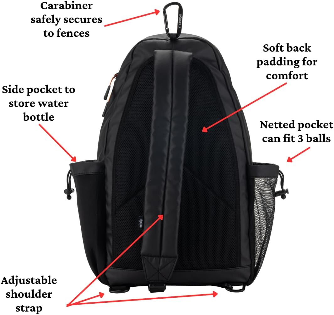 Pickleball Bag, Water-Resistant Sling Bag, Fits 3 Paddles - Minimal Branding, Lightweight, Durable, Fence Hook Carabiner, Water Bottle Holder, Multiple Pockets, Adjustable Shoulder Strap (Black,18L)