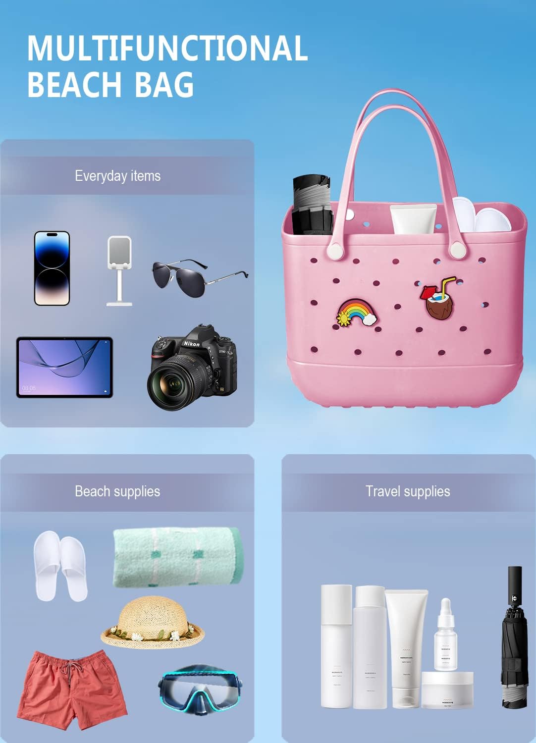 Beach Bag Rubber Tote Bag - Waterproof Travel Bag for Women Washable Tote Bag Handbag for Sports Beach Market Pool