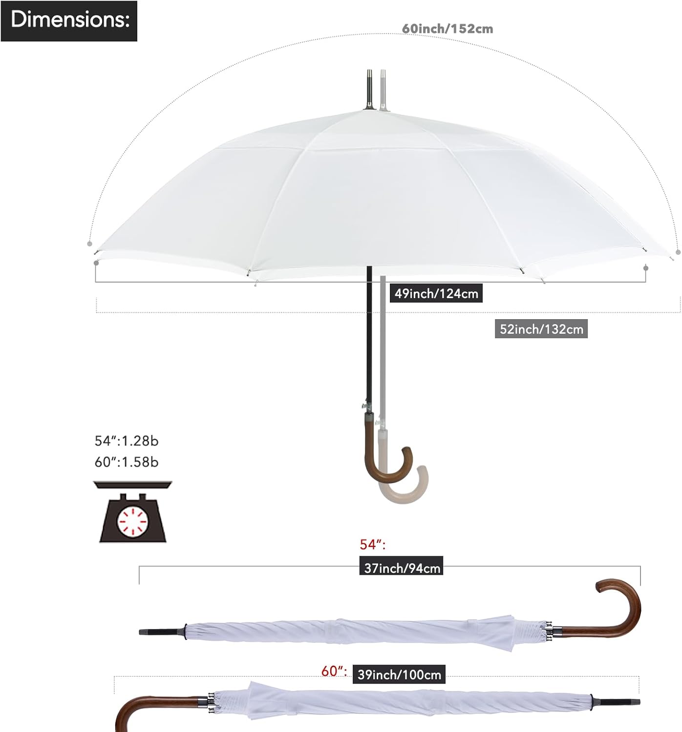 ZEKAR Wooden J Handle Umbrella, 54 inch, Large Windproof, Wedding Umbrella (white, 54”)