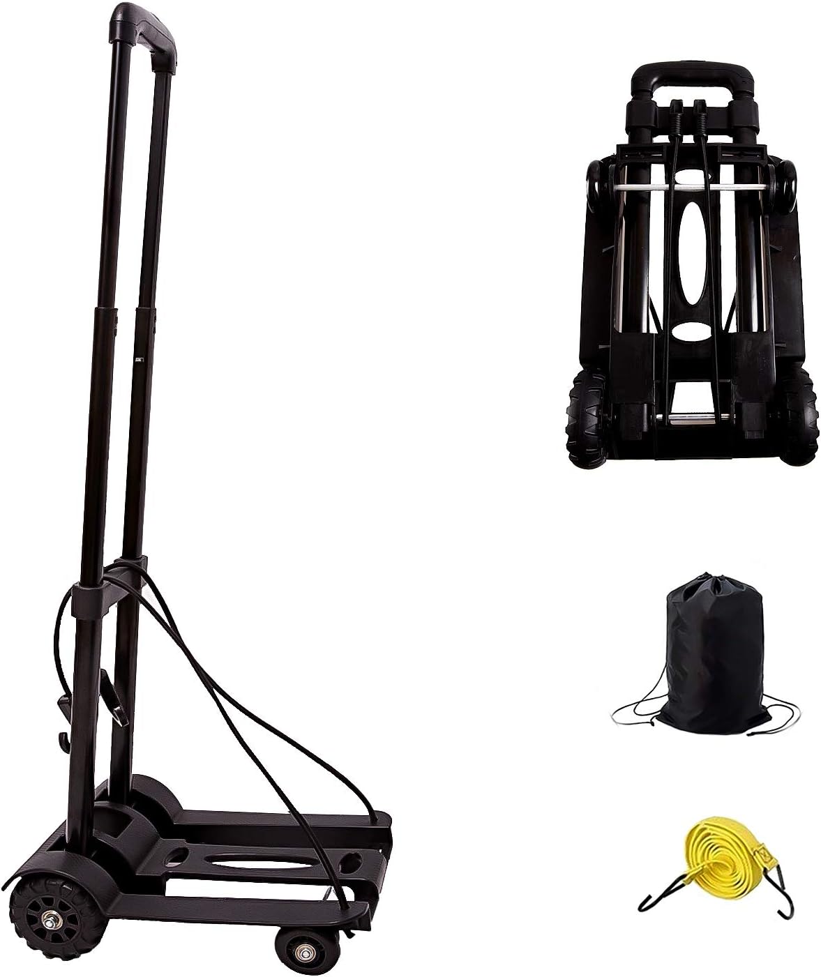 KINJOEK 40kg 88Lbs Folding Hand Truck Dolly, Foldable Luggage Cart for Luggage with 4 Wheels & Bungee Cord, Collapsible, Lightweight Compact Solid Construction Utility Cart for Travel, Black