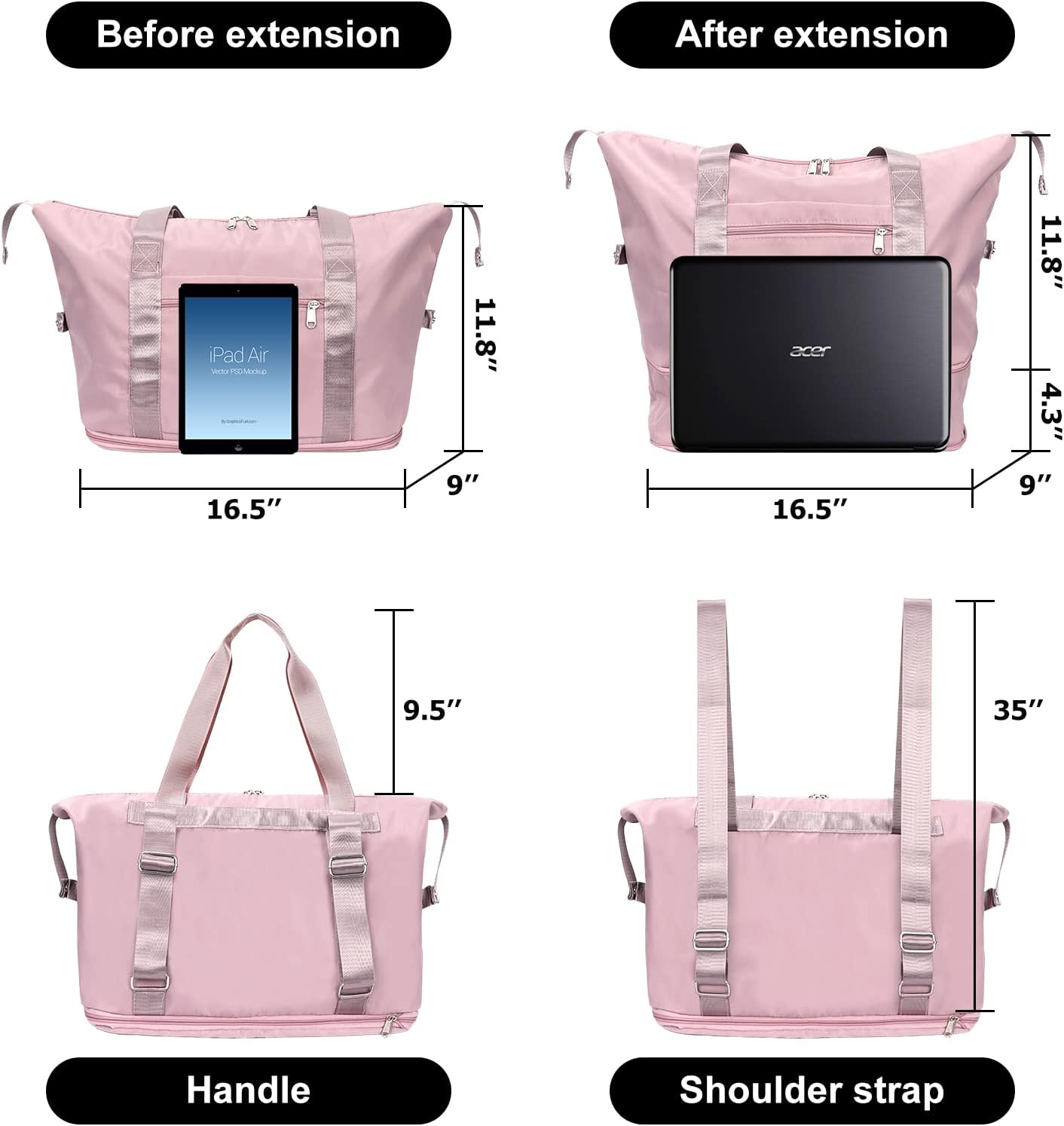 Large Capacity Folding Travel Tote Bag, Oxford Fabric Waterproof Lightweight Foldable Travel Duffel Bag, Portable Expandable Travel Bag, Dry and Wet Separation Carry On Bag for Airplanes (Pink-2)