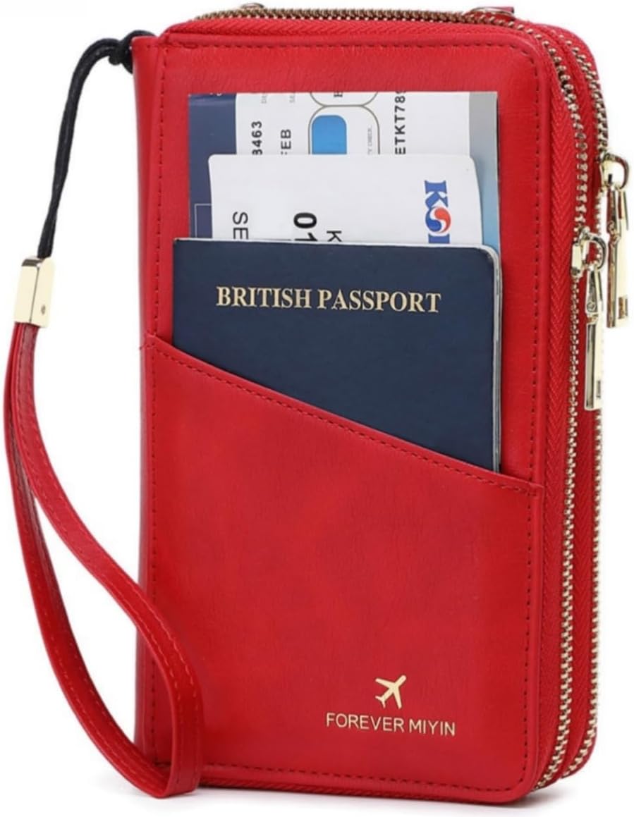 US-B Passport Wallet, RFID Blocking Passport Holder Large Capacity, Lightweight PU Document Organizer for Women (Red)
