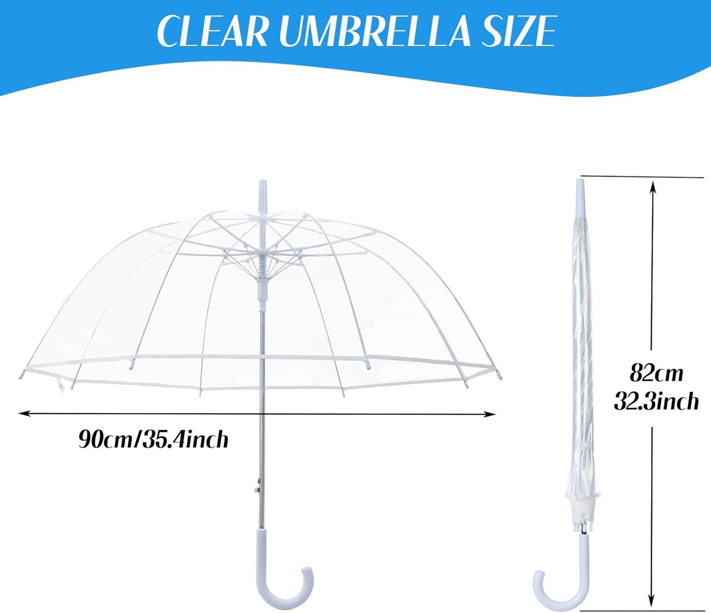 JUYO VONSAN Clear Bubble Umbrella Wedding Bulk 13 pack Fiberglass Frame Transparent Large Stick Umbrella Bulk for Rain Windproof, Auto Open J Hook