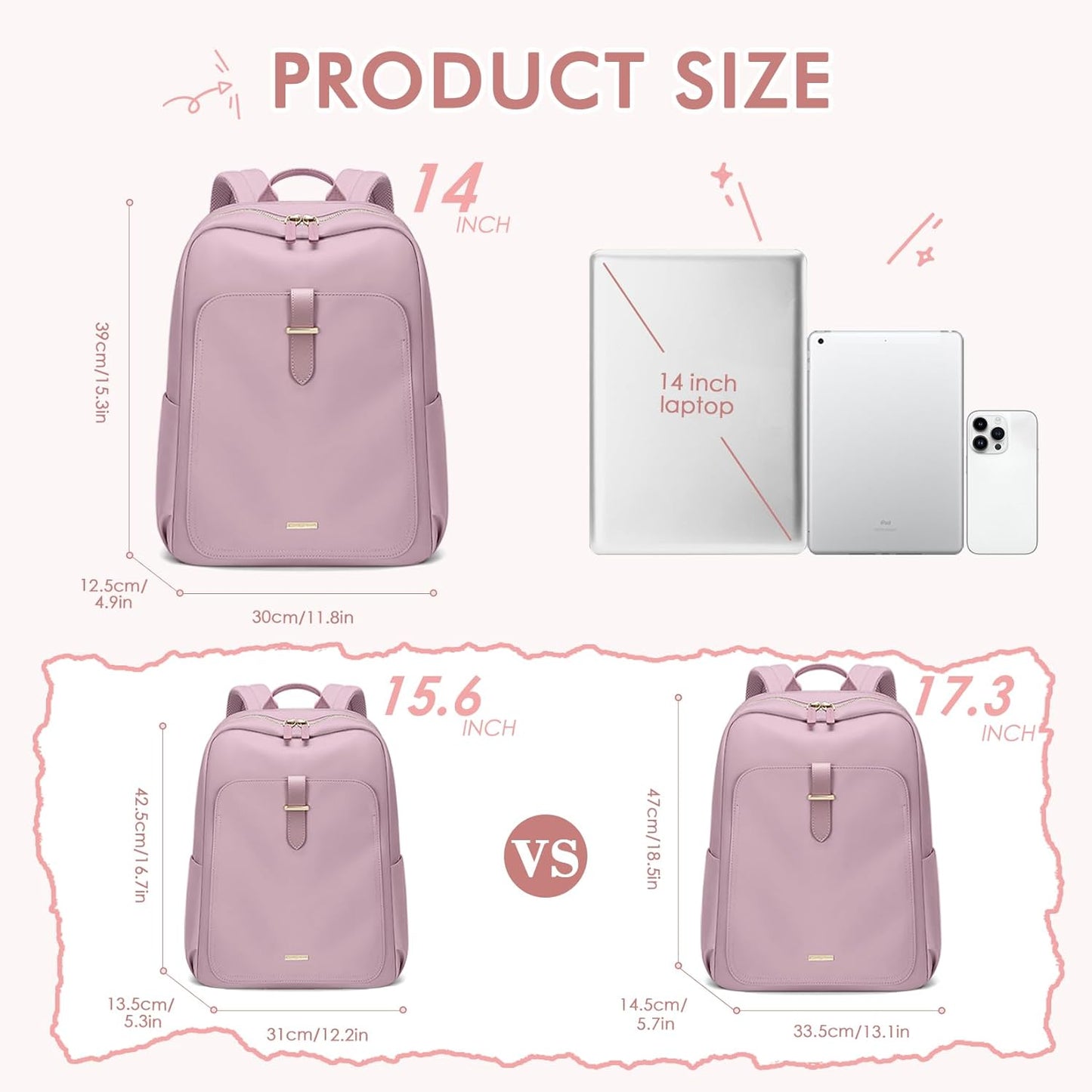 Laptop Backpack for Women,Casual Work Business Backpacks Purse Carry on Travel Backpack,14 Inch,Pinkish purple