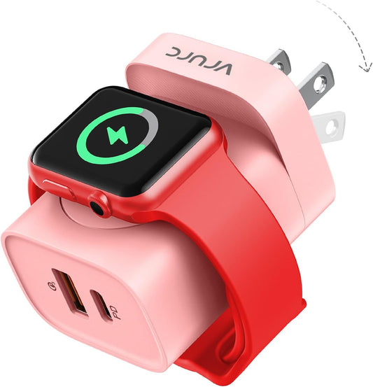 VRURC for Apple Watch Charger, PD 20W Fast Charging Block with Foldable Plug, USB C Wall Charger Power Adapter with Dual Port Compatible with iPhone 17 16 15 14 13, Samsung, Android,Tablets-Pink