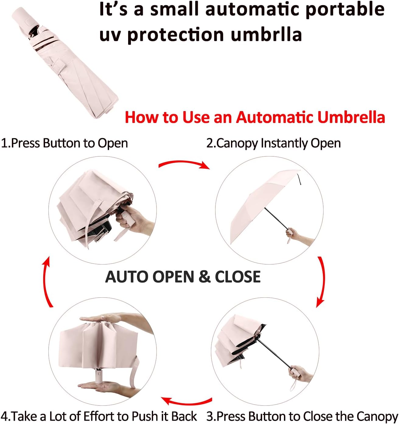 BAODINI Small UV Protection Travel Umbrella Compact for Rain and Sun UPF 50+ Windproof Portable 42