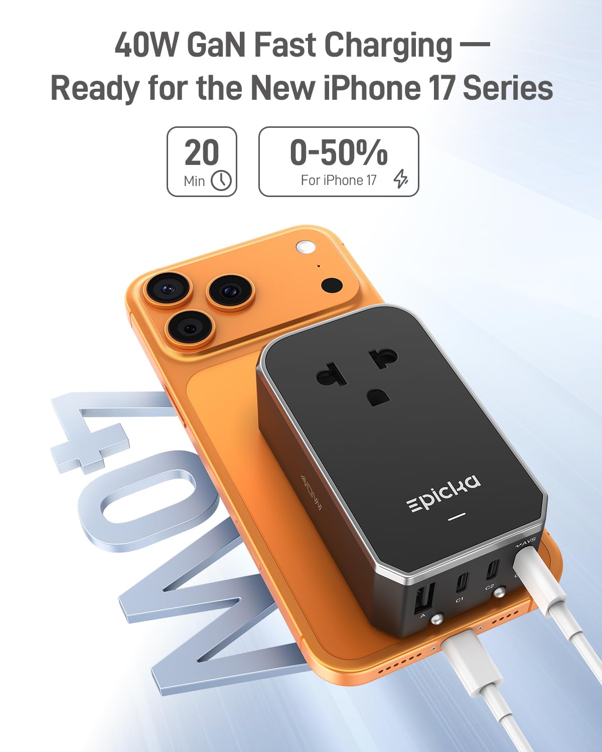 EPICKA Air 40W Universal Travel Adapter PD&QC with 1AC/3USB-C/1USB-A