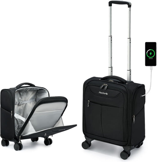 Hanke Underseat Carry On Luggage with Wheels, Lightweight Small Suitcase Airline Approved 16 Inch Softside Personal Item Travel Bag for Women Men, Compact Under Seat Luggage with Spinner Wheels,Black