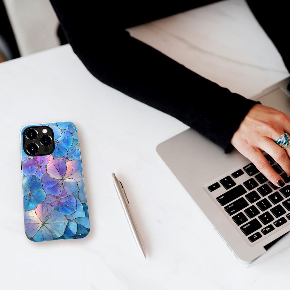 Case for iPhone 13 Pro Max - Slim Fit Anti-Scratch Phone Case for Girl Women - Blue Hydrangea Floral Stained Glass Aesthetic (Glossy)