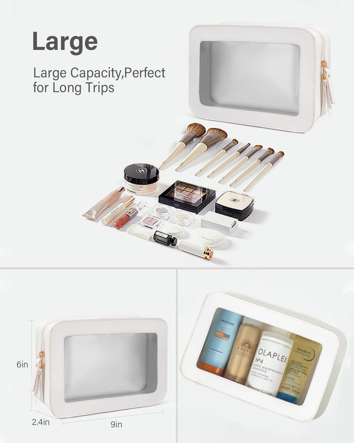 Clear Makeup Bag, Travel Cosmetic Case Toiletry Bag Make up Organizer Skincare Pouch for Women, Car Essentials Bag with Clear Windows (White, Standard)