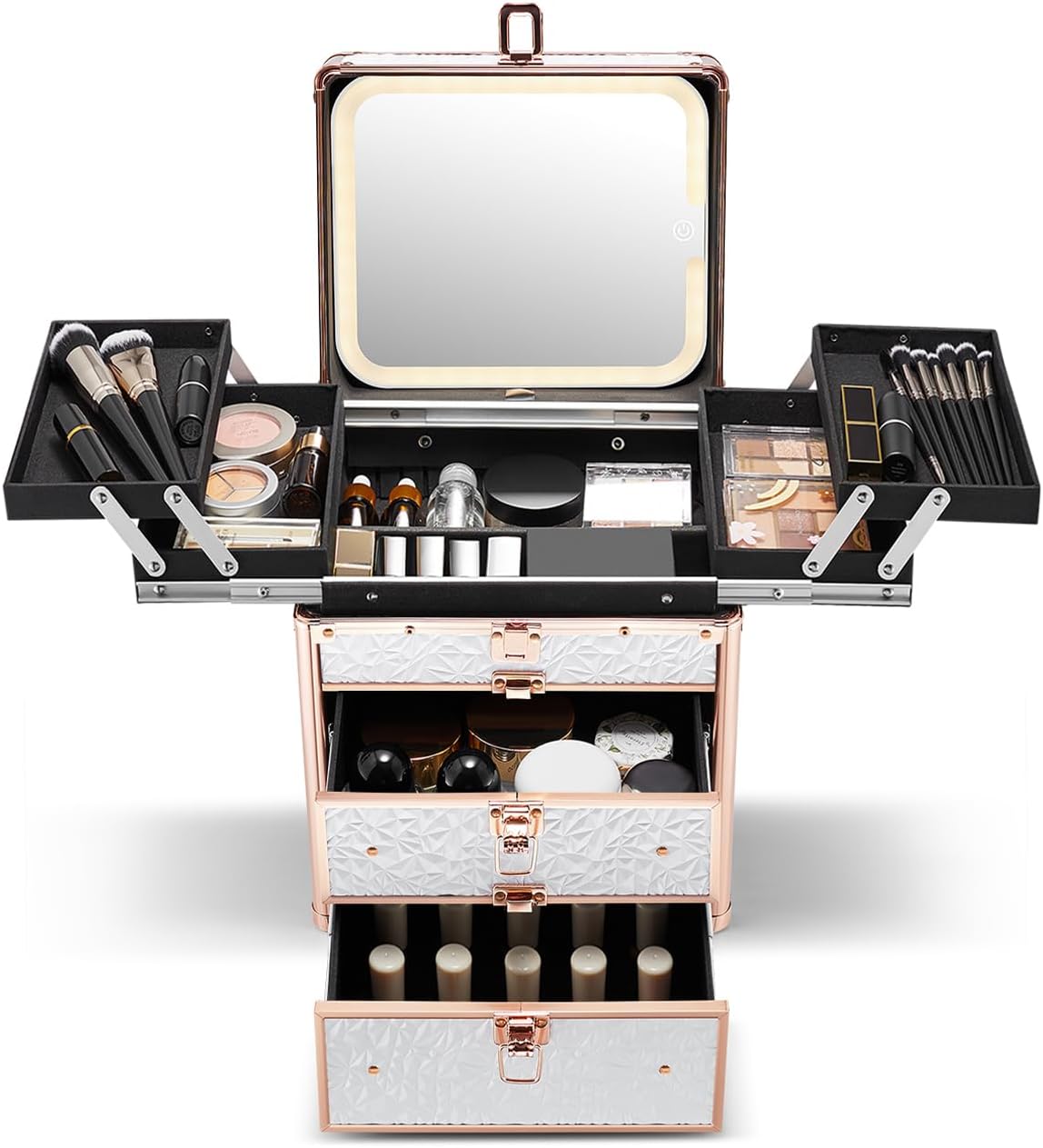 Qislee Makeup Box with Double Drawers and Four Trays, A Detachable Lighted Mirror, Waterproof Travel Train Case, Cosmetic Organizer and Makeup Suitcase with Magnetic LED Mirror(Bright White)