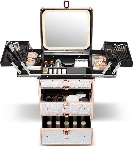 Qislee Makeup Box with Double Drawers and Four Trays, A Detachable Lighted Mirror, Waterproof Travel Train Case, Cosmetic Organizer and Makeup Suitcase with Magnetic LED Mirror(Bright White)
