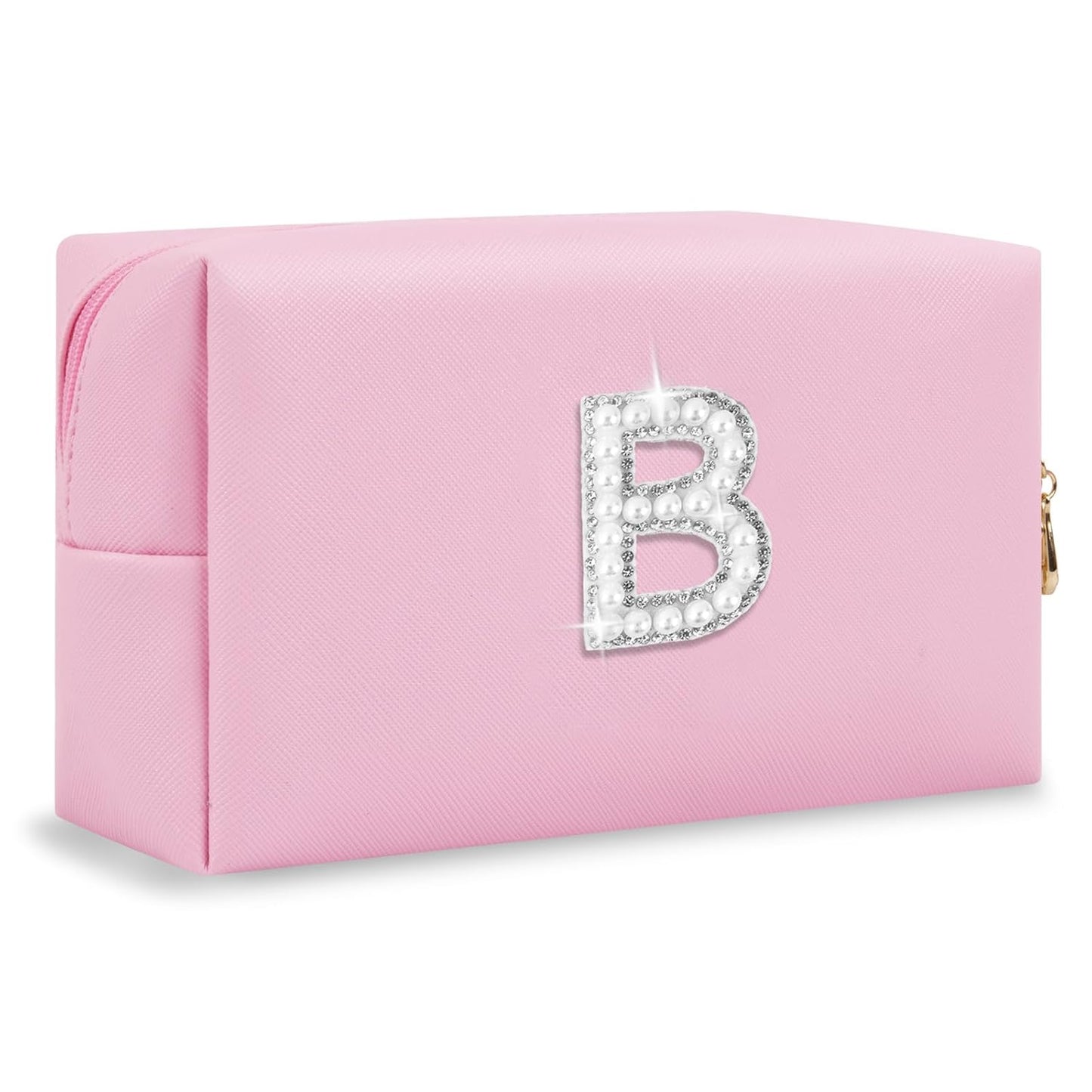 ChaoGreat Bride Gifts – Personalized Initial Makeup Bag with Pearl Rhinestone Patch, Preppy Pink Monogram Cosmetic/Toiletry Pouch, bridesmaid Gifts, Bridal Shower Gifts, Wedding Gifts, Bridal Gifts,B
