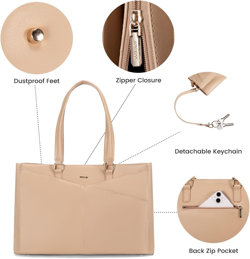 LOVEVOOK Laptop Bag for Women 15.6 Inch Tote Bags Waterproof Leather Briefcase Computer Women Business Office Work Bag,Light Khaki