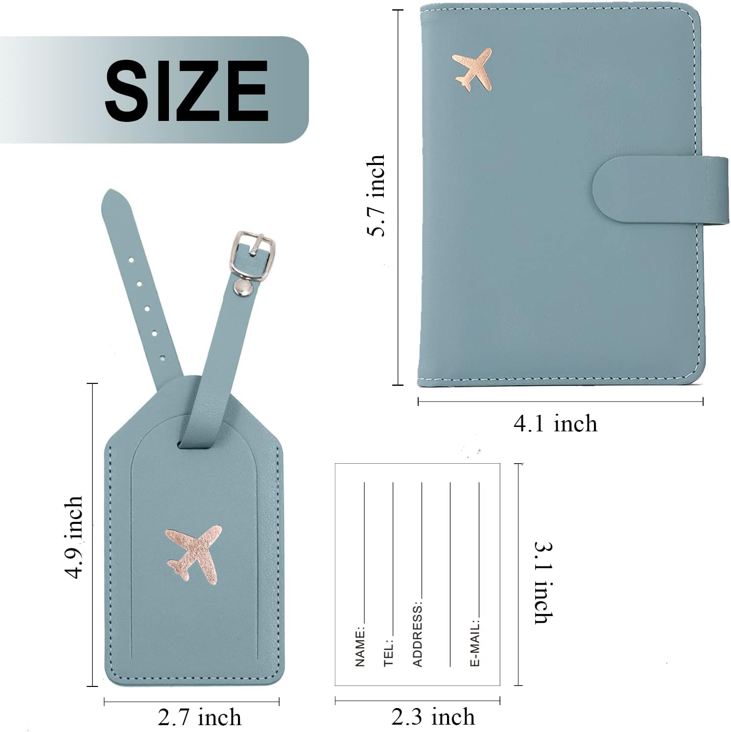 Real Leather Wallet RFID Passport Holder with Suitcase Tag Set Card Slots (Blue)