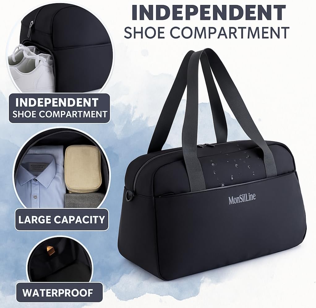 Gym Bag for Women Men with Shoe Compartment, Waterproof Small Duffle Bag for Travel, Sports, Weekend Lightweight Carry On Tote Bag (Black)