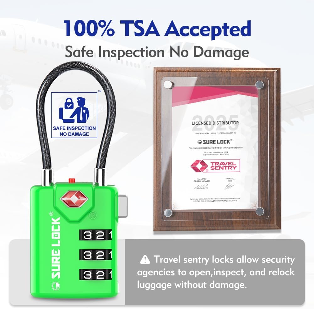 SURE LOCK TSA Compatible Travel Luggage Locks, Inspection Indicator, Easy Read Dials TSA Approved