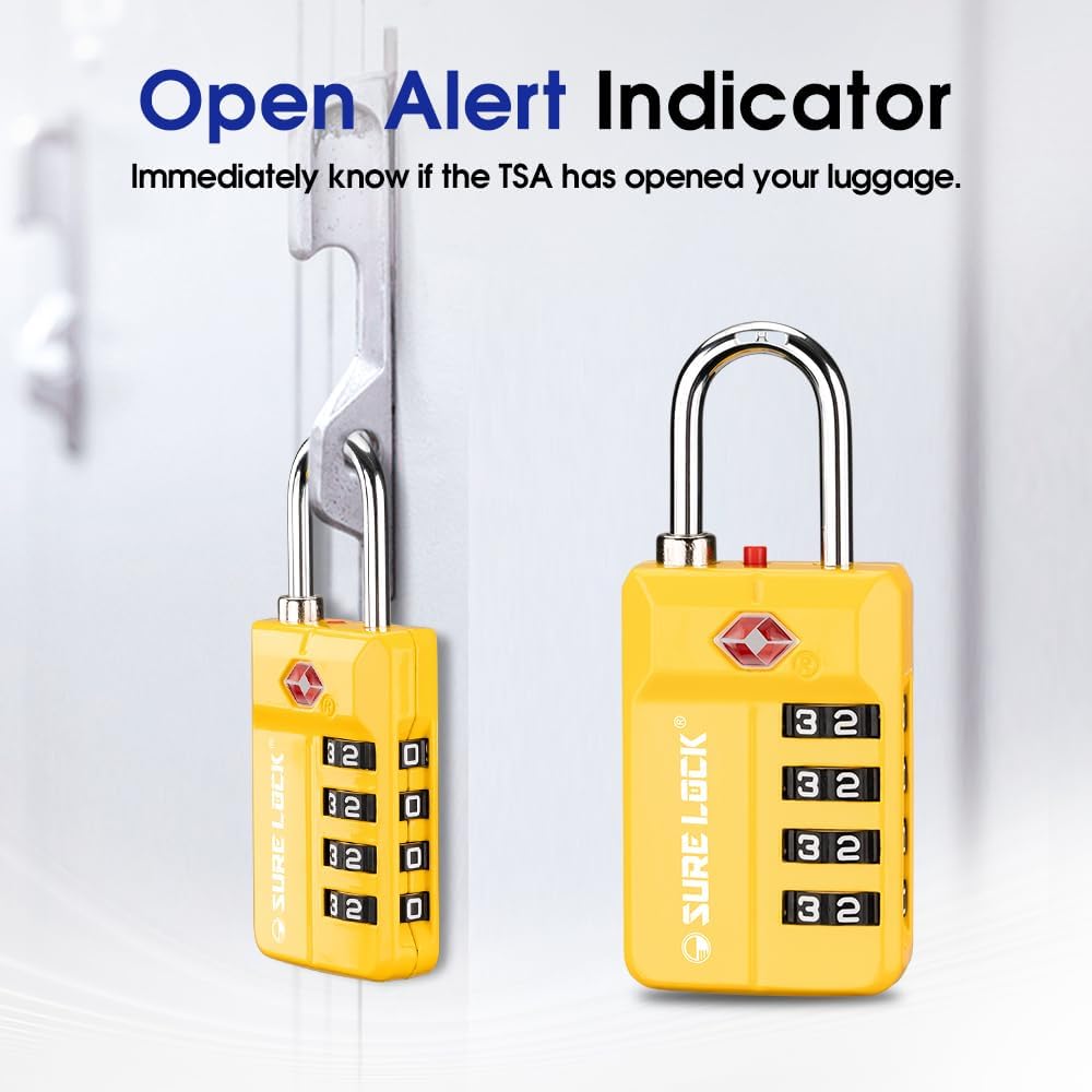 TSA Approved Travel Luggage Locks, Open Alert Combination Lock for School Office & Gym Locker ,Toolbox, Pelican Case,Easy Read Dials- 1, 2 & 4 Pack (1, Yellow 1 Pack)
