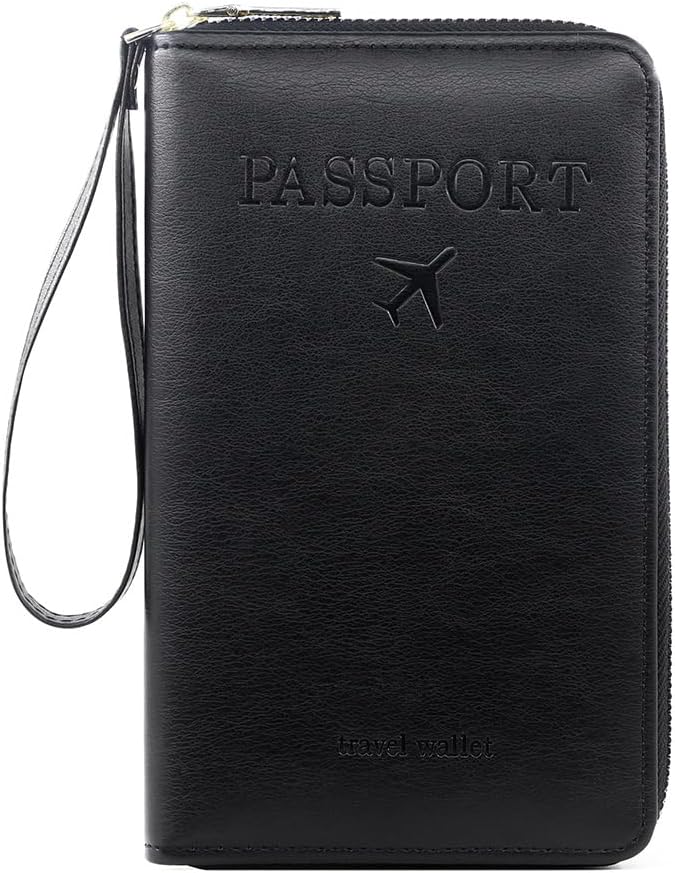 RFID Passport Wallet for Women & Men, Leather Zipper Travel Organizer with Waterproof Design (Black)