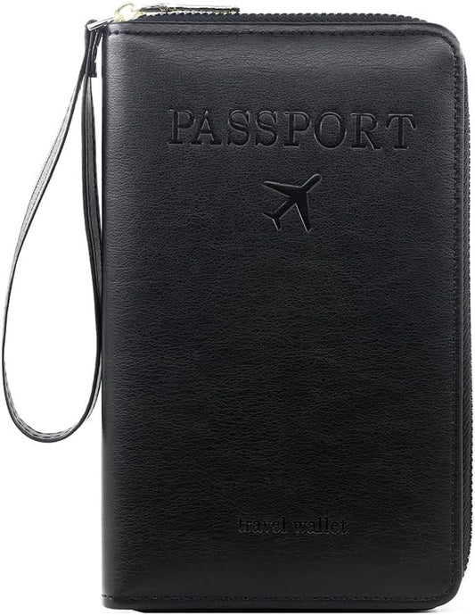 RFID Passport Wallet for Women & Men, Leather Zipper Travel Organizer with Waterproof Design (Black)