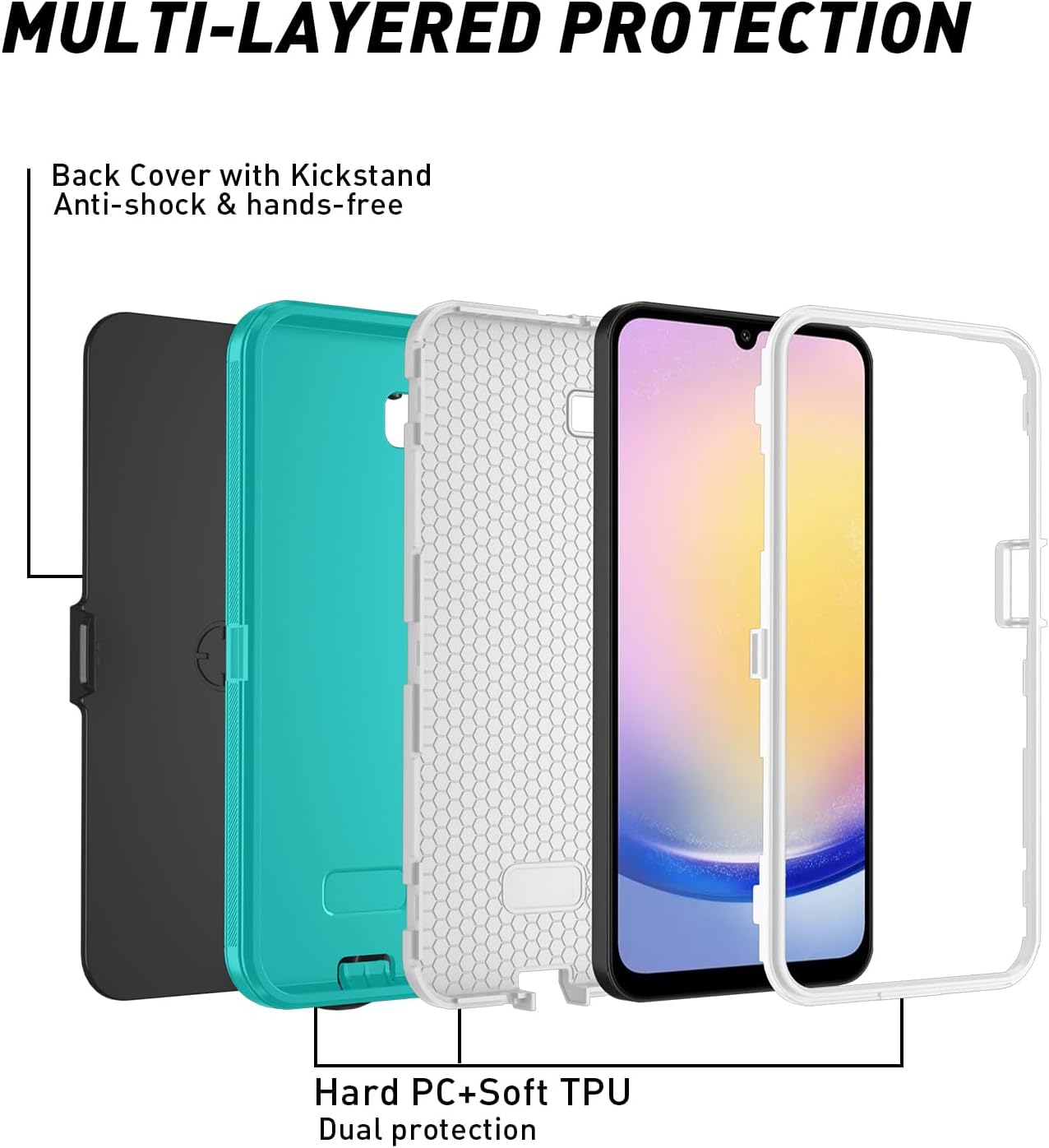 for Samsung Galaxy A17 5G case,A16 5G Heavy Duty case,with A Tempered Glass Screen Protector, [Military Grade Protective ] [Shockproof] [Dropproof] [Dust-Proof] (with Belt Clip-Teal/White)